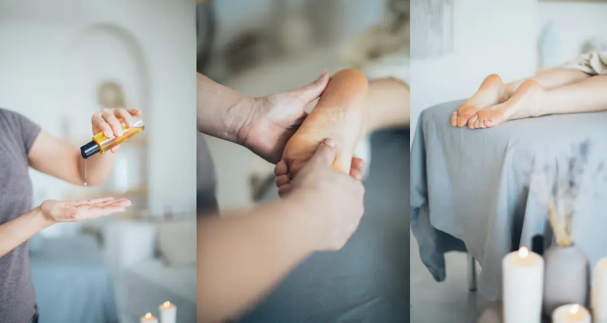 Huile essentielle, pression sur la voûte plantaire et pieds au repos