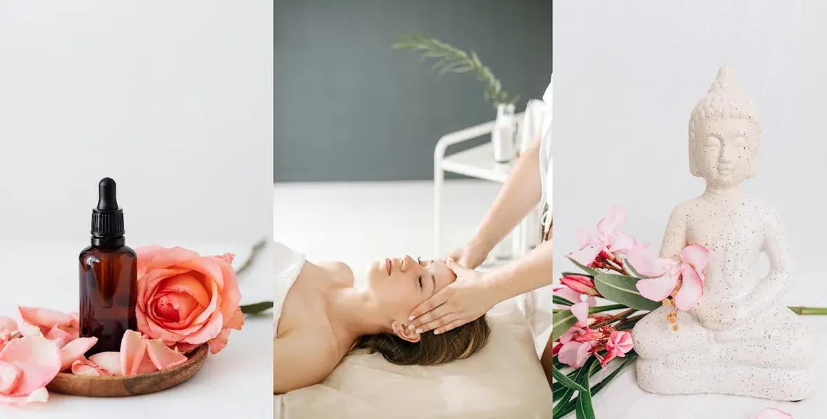 Flacon et pétales de rose, réflexologie crânienne et bouddha fleuri